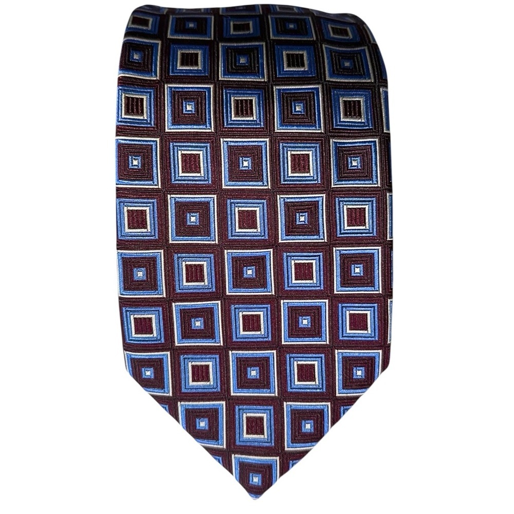 Canali Mens Tie Silk Jacquard Geometric Blue & Purple Squares 60x3.5” Italy
